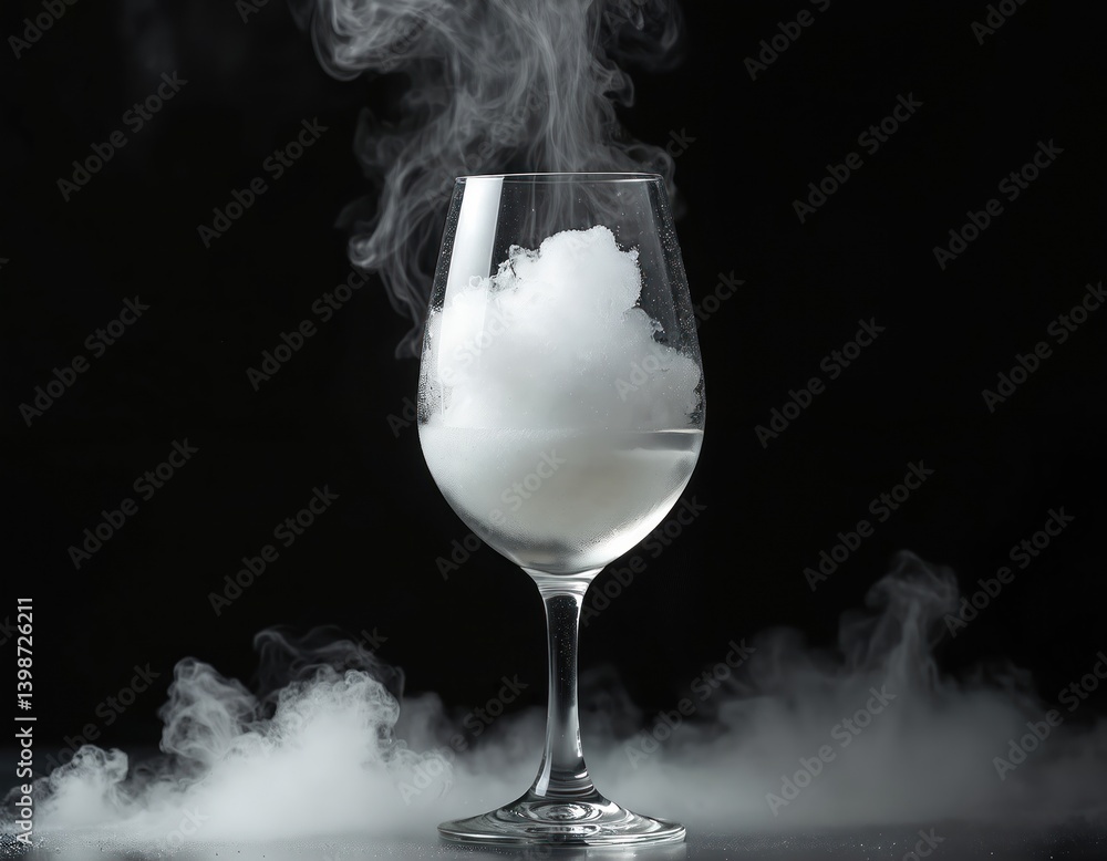 Fototapeta premium Dry ice vapors in wine glass, creating dramatic effect. Smoke clouds, steam, fog. Cocktail drink concept with cooling effect. Abstract art, background, black color. Refreshing alcohol beverage.