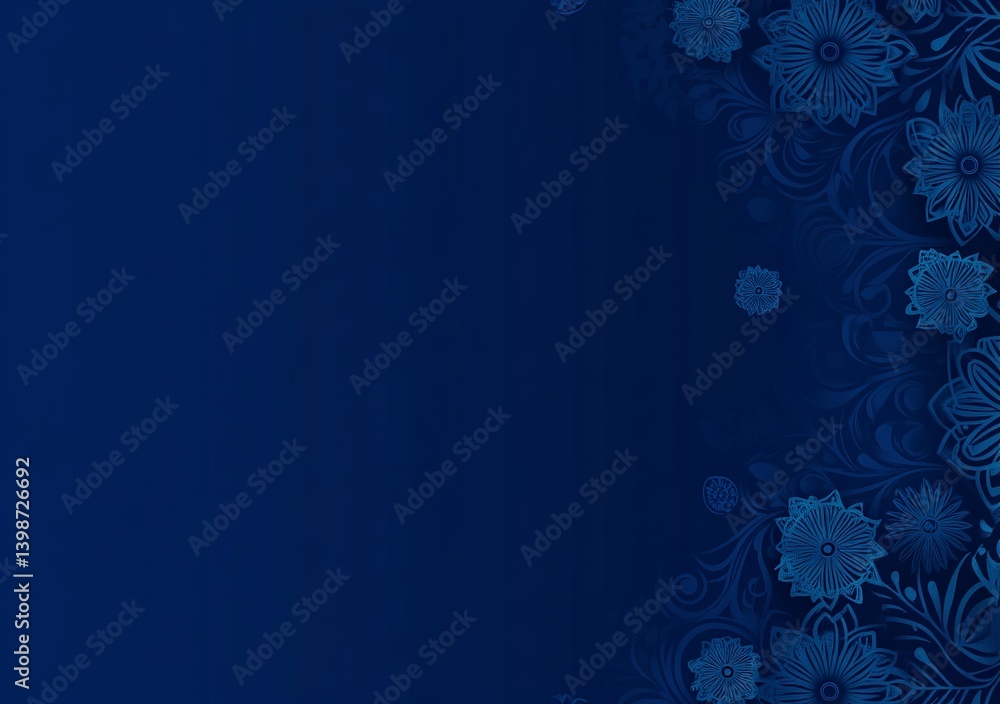 Blue background with mandala patterns on the right side, flat design, vector illustration, simple and elegant style, no shadows, high resolution blue floral background Blue background with mandala patterns on the right side, flat design, vector illustration, simple and elegant style, no shadows, high resolution blue floral background