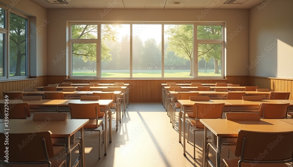 Empty classroom with tables chairs, large windows overlooking sunlit park. Daylight streams through windows trees in back, school room. Education, learning concepts, study themes. Architecture, Empty classroom with tables chairs, large windows overlooking sunlit park. Daylight streams through windows trees in back, school room. Education, learning concepts, study themes. Architecture,