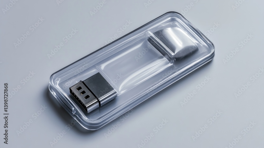 USB drive in transparent plastic packaging on a gray background. USB drive in transparent plastic packaging on a gray background.
