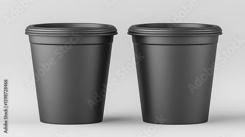 Two black disposable coffee cups with their matching lids