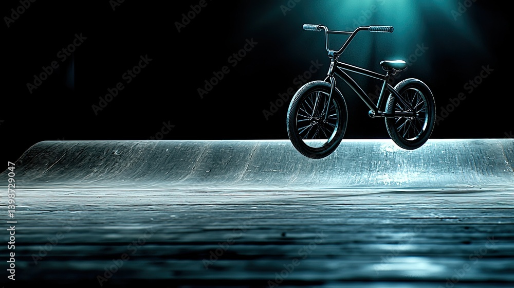 Obraz premium BMX Bike in Mid-Air Above Ramp: A Dark and Dramatic Image