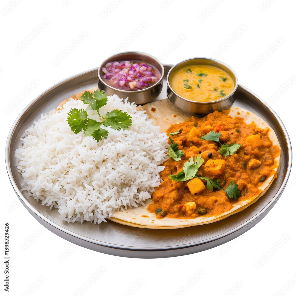 A vibrant Indian meal featuring rice, dal, and a side of chutney on a silver plate A vibrant Indian meal featuring rice, dal, and a side of chutney on a silver plate