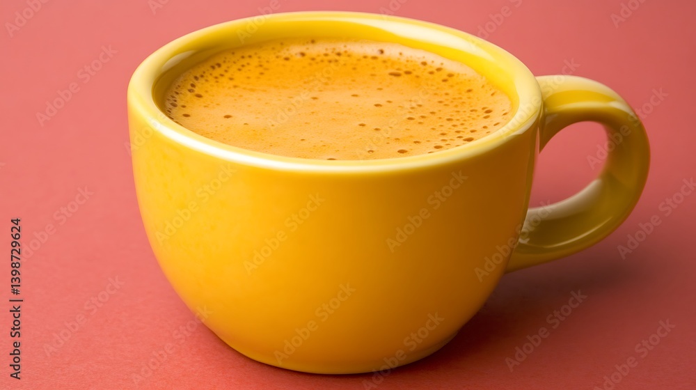 Fototapeta premium A full yellow coffee cup with a warm beverage inside it