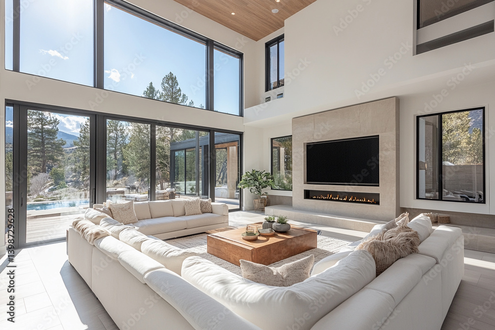 Fototapeta premium Modern living room with large windows and mountain view