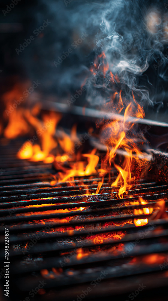 Close-up of burning charcoal embers on a grill grate, emitting smoke and flames, symbolizing heat, cooking, and outdoor activities Close-up of burning charcoal embers on a grill grate, emitting smoke and flames, symbolizing heat, cooking, and outdoor activities