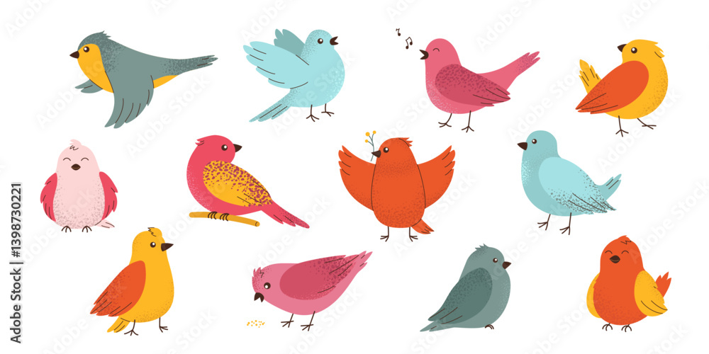 Obraz premium Collection of isolated beautiful cute birds in flat hand drawn style. Various poses and colors. Perfect for children decor, festive card, sticker, pattern
