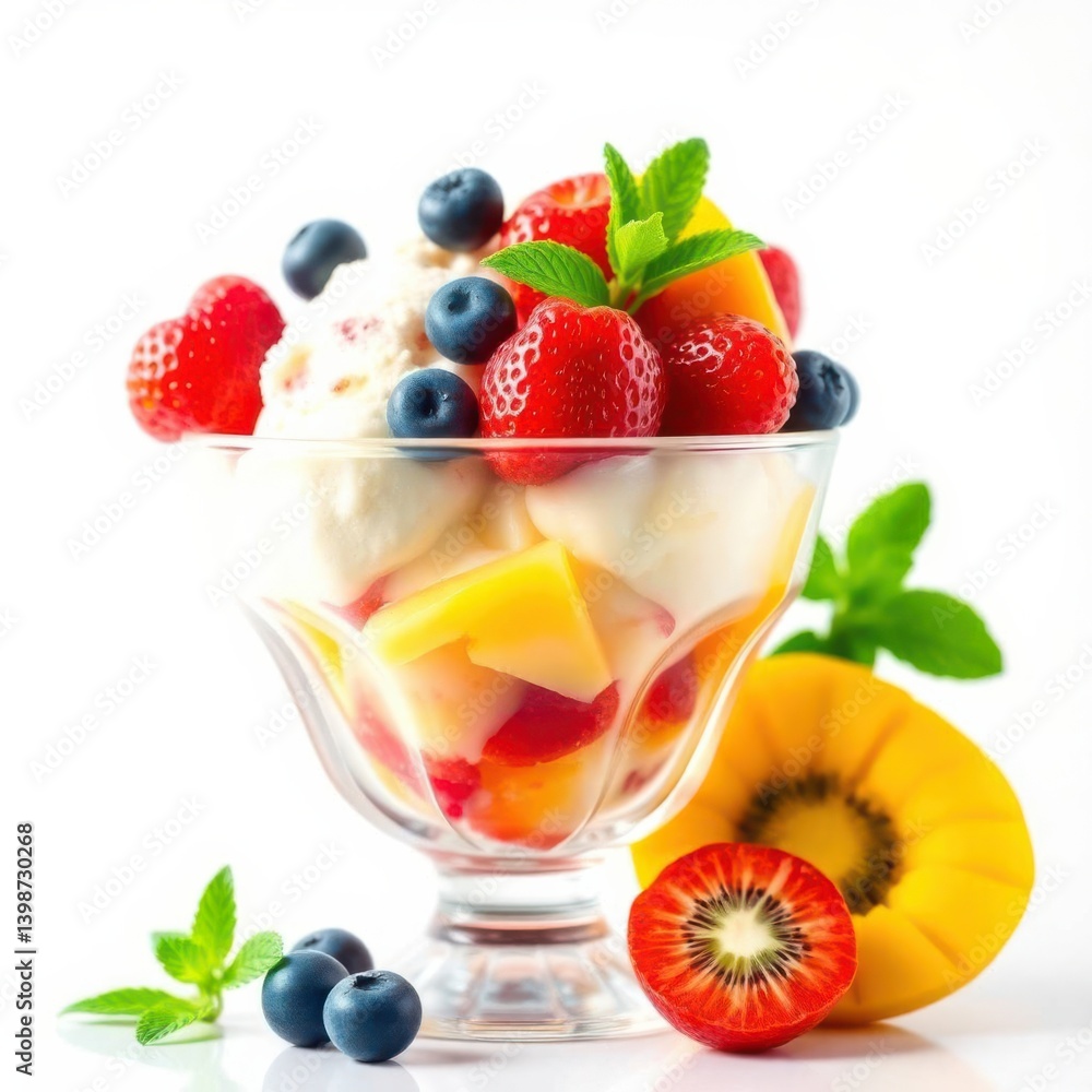 Delightful fruit sundae with strawberries, blueberries, kiwi, and mango topped with mint sprigs. Delightful fruit sundae with strawberries, blueberries, kiwi, and mango topped with mint sprigs.