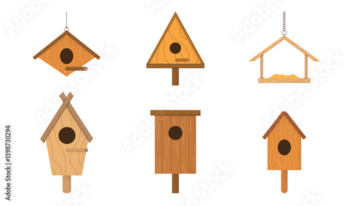 Set of isolated wooden rustic birdhouses of various shapes and feeder. Flat vector templates with grainy texture. Hand drawn style. Perfect for different spring or garden theme designs