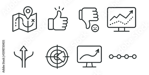 Set of icons for a map, thumbs up, thumbs down, and a computer monitor