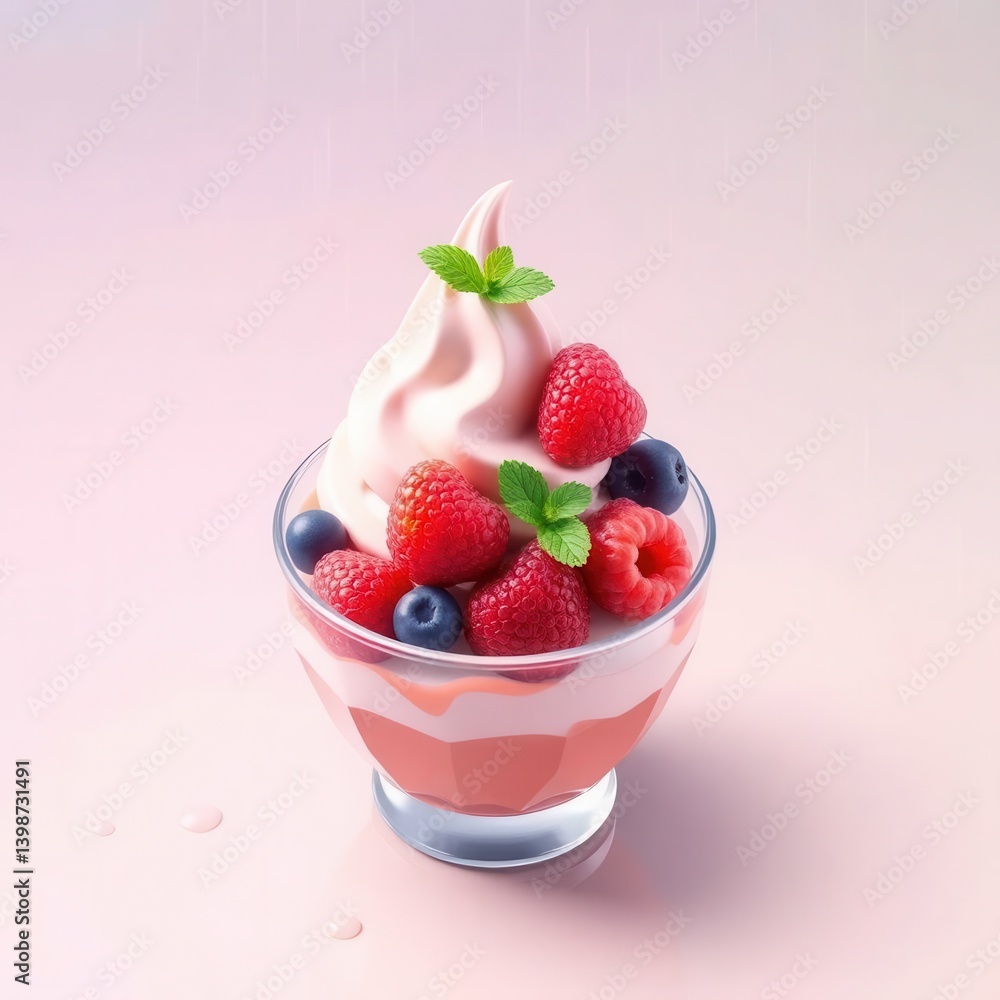 Delightful dessert: pink swirl ice cream topped with fresh raspberries and blueberries in a clear glass cup. Delightful dessert: pink swirl ice cream topped with fresh raspberries and blueberries in a clear glass cup.