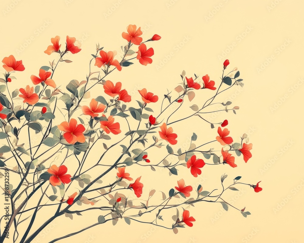 Minimalist realistic blooming leptospermum tree, white flower clusters, top-down view on light gray background. Minimalist realistic blooming leptospermum tree, white flower clusters, top-down view on light gray background.