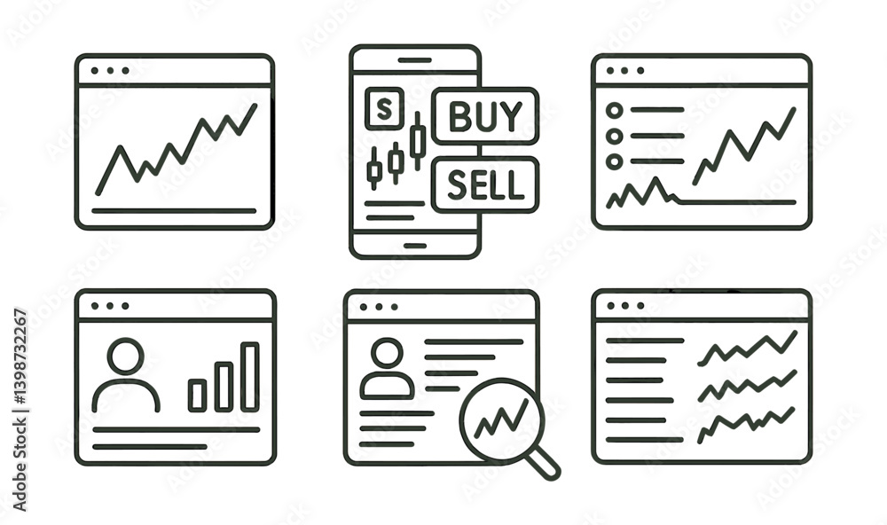 Set of six graphs and charts with the words buy, sell, and buy on them Set of six graphs and charts with the words buy, sell, and buy on them