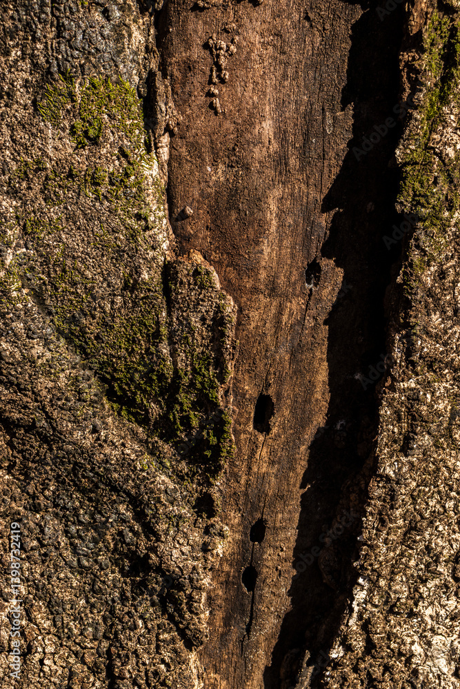 Detailed macro shot of tree bark with moss. Earthy tones highlight texture and natural detai