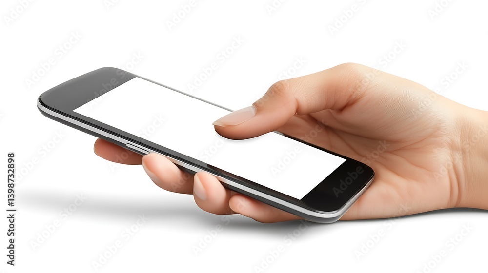 A hand holding a smartphone with a blank white screen A hand holding a smartphone with a blank white screen