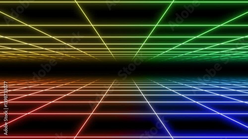 4K Double Parallax Retro Abstract VJ Motion Background Loop Inspired by 1980's: Infinite Flight Over Glowing multicolor Neon Square Grid, 3D Abstract 1980's Retrowave Cyberpunk Neon Background