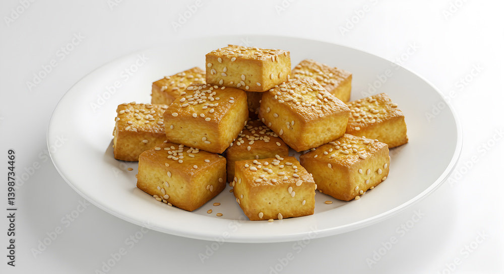 Golden Crispy Roasted Tofu Cubes With Sesame Seeds On White Plate Golden Crispy Roasted Tofu Cubes With Sesame Seeds On White Plate