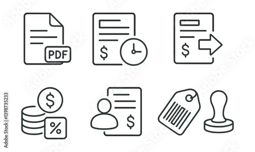 Set of six icons for different types of documents and transactions