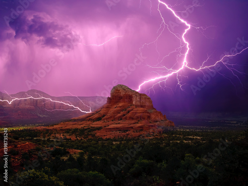 Lightning strike during a thunderstorm over Bell Rock and Courthouse Butte, Sedona, Arizona, USA