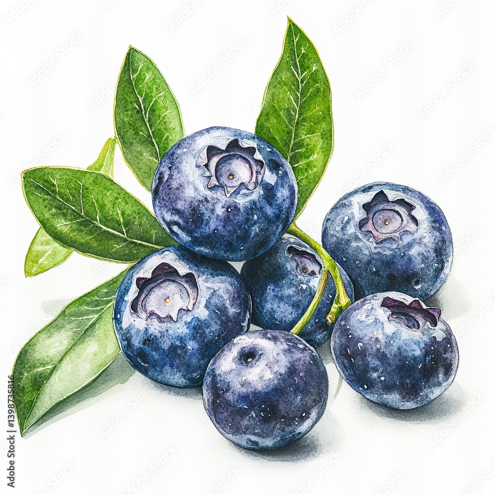 Watercolor painting of blueberries with leaves on white surface Watercolor painting of blueberries with leaves on white surface