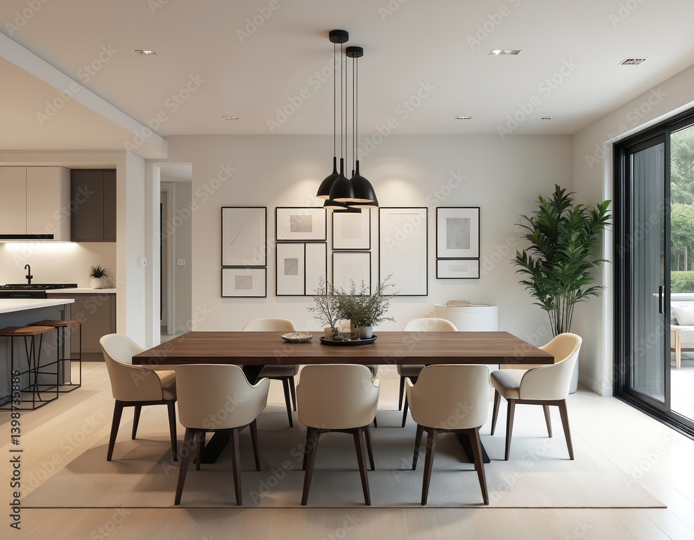 Fototapeta premium Spacious dining room design adjacent to modern kitchen. Features stylish dining table with six chairs. Design incorporates plants. Simple residential interior with comfortable atmosphere. White