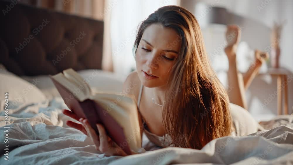Woman reading book bed enjoying calm domestic morning closeup. Relaxed brunette Woman reading book bed enjoying calm domestic morning closeup. Relaxed brunette