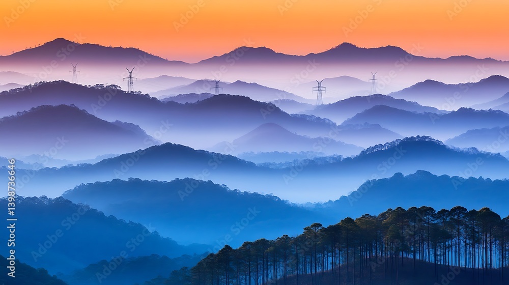 Fototapeta premium A scenic landscape showcasing layers of mountain ranges and a colorful sky