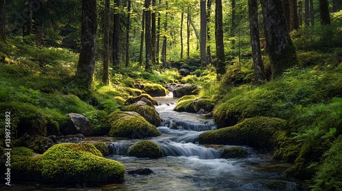 Beautiful forest stream landscape photography nature scene with mossy rocks and green trees scenic view 100