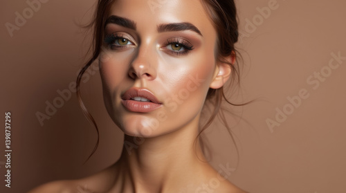 Beautiful young brunette woman with mocha mousse makeup on brown background