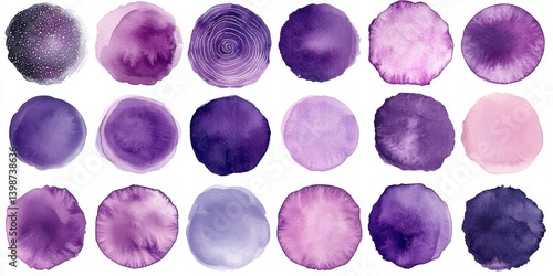 Vibrant collection of purple watercolor circles with diverse textures and patterns
