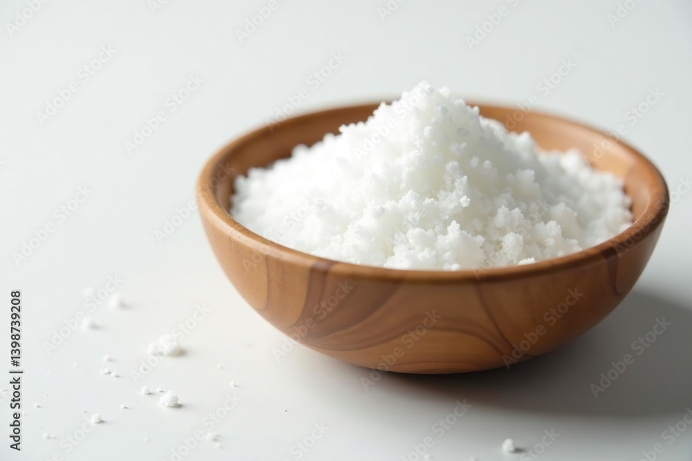 Bowl of white sugar, white backdrop, close-up, food photography, isolated, container