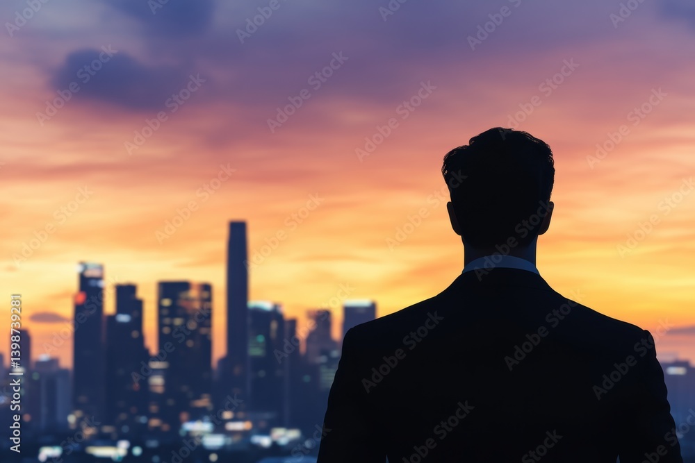 Fototapeta premium Businessman silhouette against city skyline during sunset with colorful sky