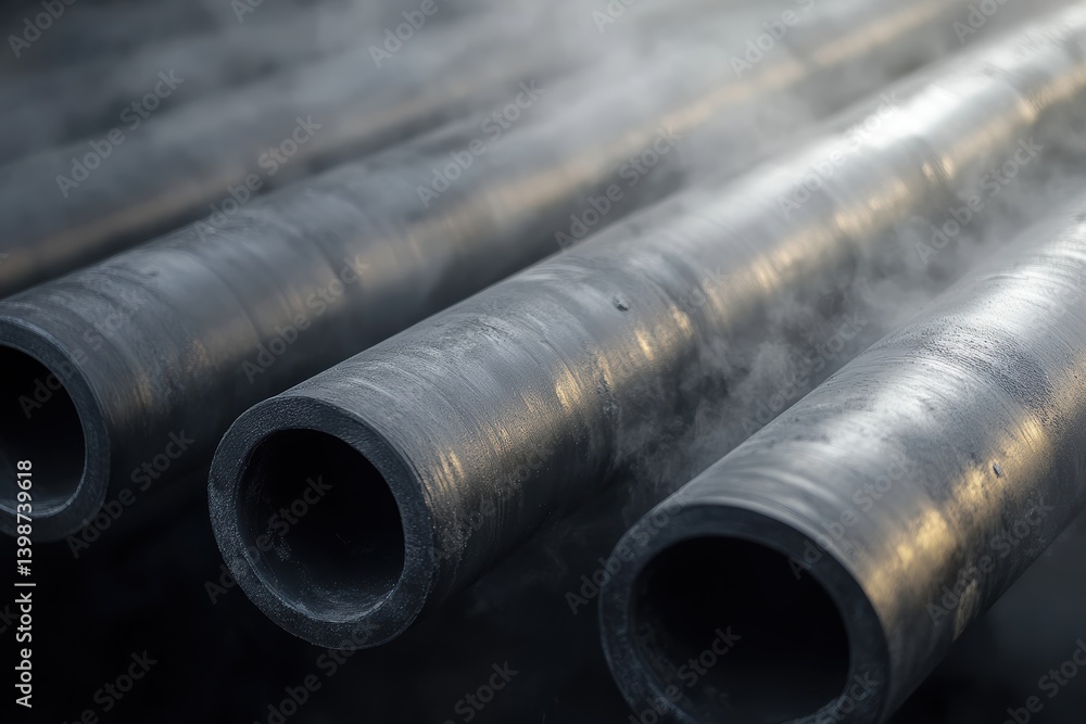 Fototapeta premium Steam rising from steel pipes in a pipeline system