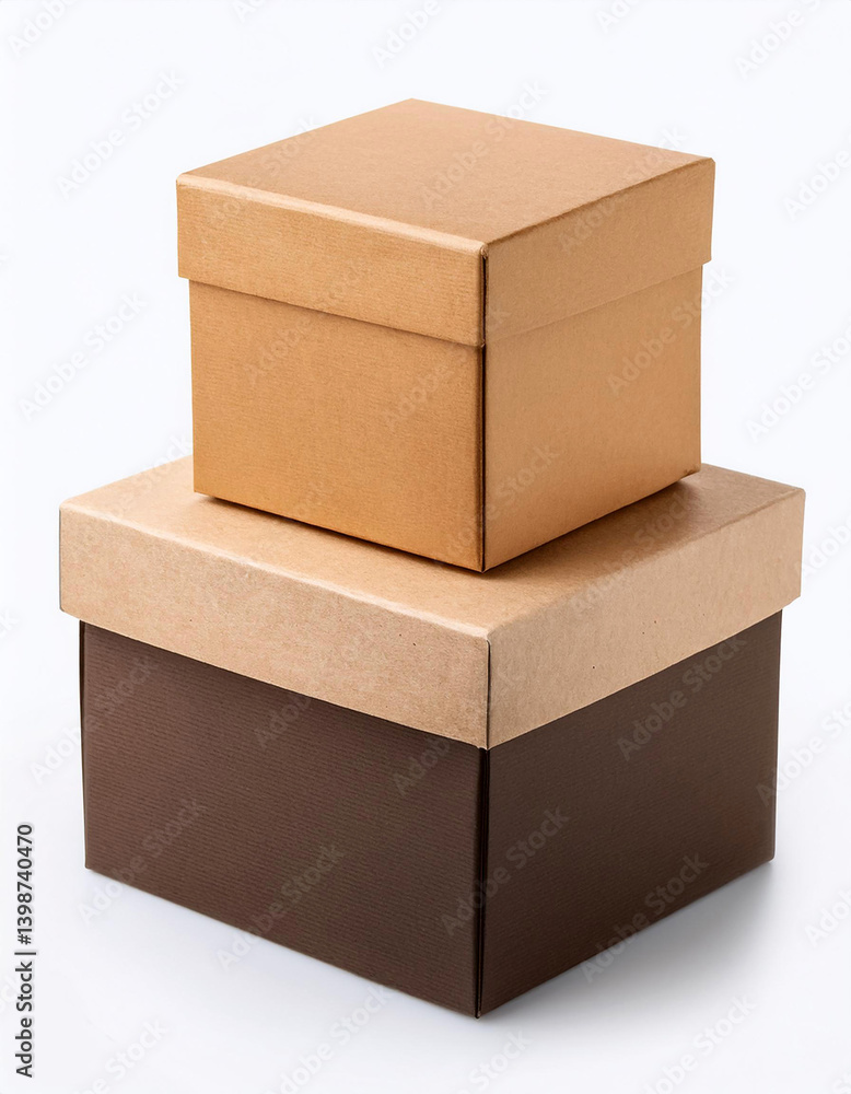 Two brown paper boxes sit stacked. One box has a darker brown base with a lighter brown lid. The top box is light brown. The boxes are against a plain white background. Two brown paper boxes sit stacked. One box has a darker brown base with a lighter brown lid. The top box is light brown. The boxes are against a plain white background.