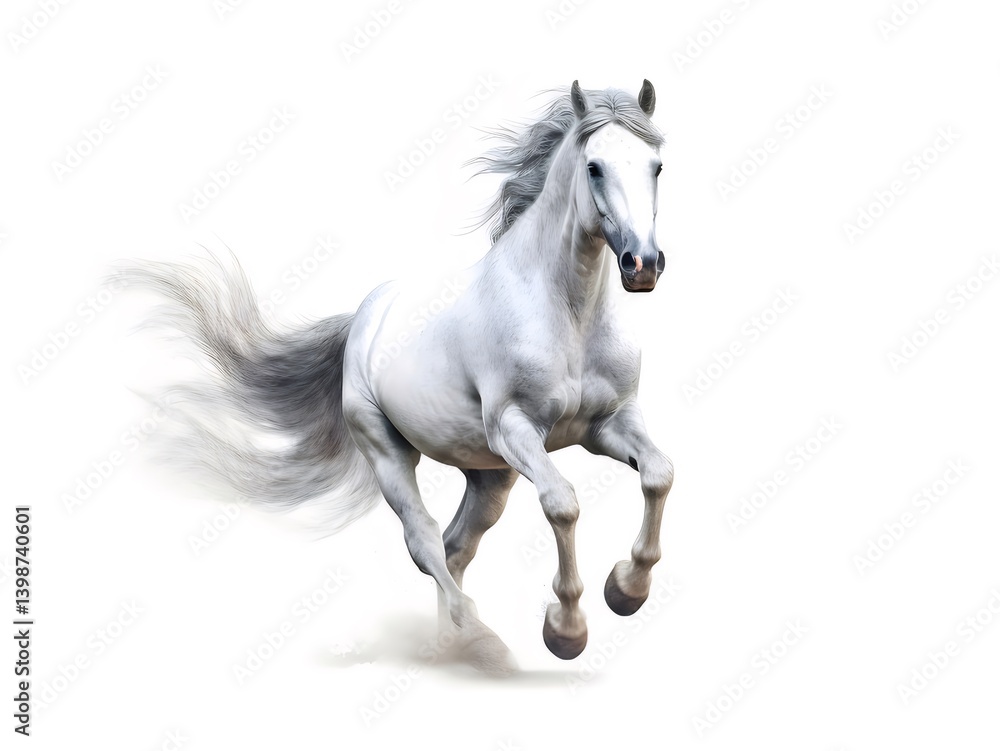White Horse in Full Motion Running with Dust Trail Isolated on White Background White Horse in Full Motion Running with Dust Trail Isolated on White Background