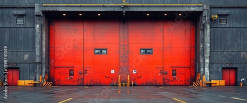 Large metal hangar door painted red, with smaller access doors on each side