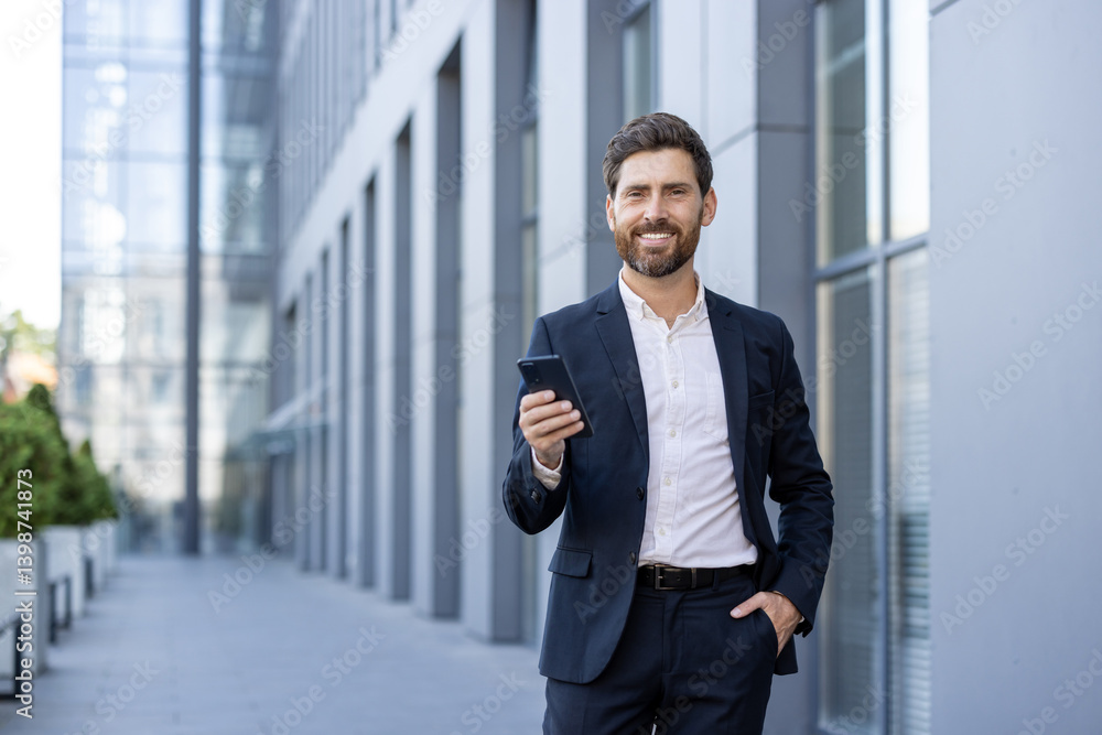 A smiling businessman holds his phone while standing in front of a modern office building. He is dressed in a stylish suit. A smiling businessman holds his phone while standing in front of a modern office building. He is dressed in a stylish suit.