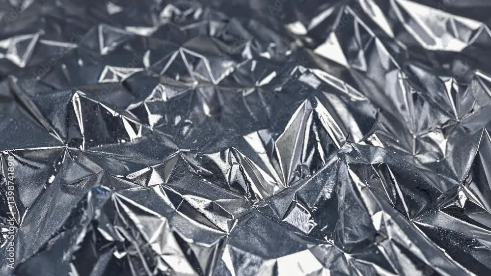 Close-up of a crumpled shiny aluminum foil surface with multiple sharp edges and light reflections, creating an abstract pattern. Close-up of a crumpled shiny aluminum foil surface with multiple sharp edges and light reflections, creating an abstract pattern.