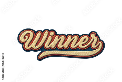 Winner written in retro script font with puff embroidery patch effect isolated on transparent background. 3D rendering - generated by ai
