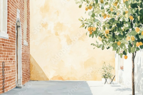 A serene outdoor space featuring a lemon tree and a brick wall with a soft, textured background.