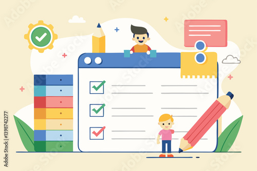 Task management, productivity app, digital checklist, colorful interface, giant clipboard, tiny people, oversized pencil, progress bars, notification icons, cloud computing, flat design illustration, 
