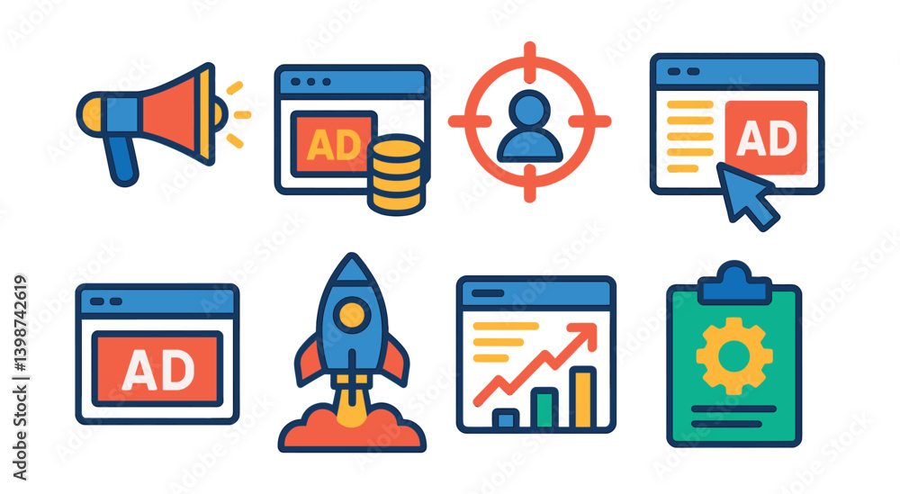 Fototapeta premium Set of icons for advertising, including a rocket, a person, and a mouse