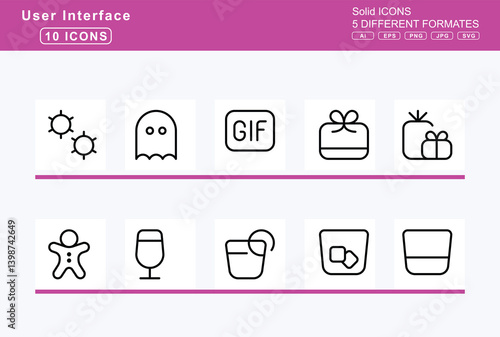 Set of 5 thin user interface icons, dice, d10, icon, flat, vector, d12, d20, four, one, six, three, two