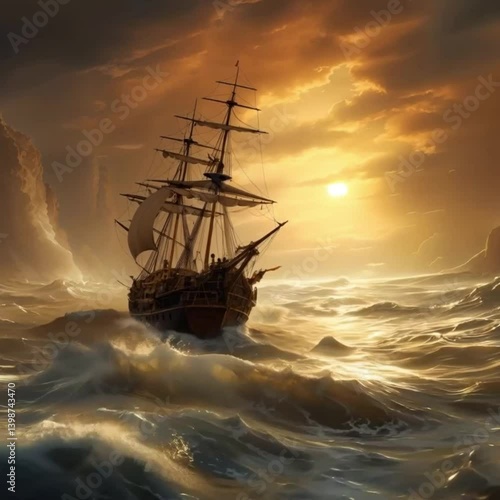 Lone sailing ship in stormy sea under thunderous sky – vessel lost in darkness battling furious elements illuminated by haunting moonlight.
