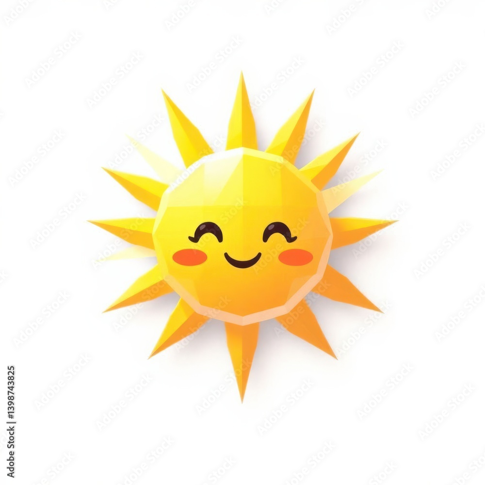 A cheerful cartoon sun with a smiling face and polygonal design radiates warmth and happiness. A cheerful cartoon sun with a smiling face and polygonal design radiates warmth and happiness.