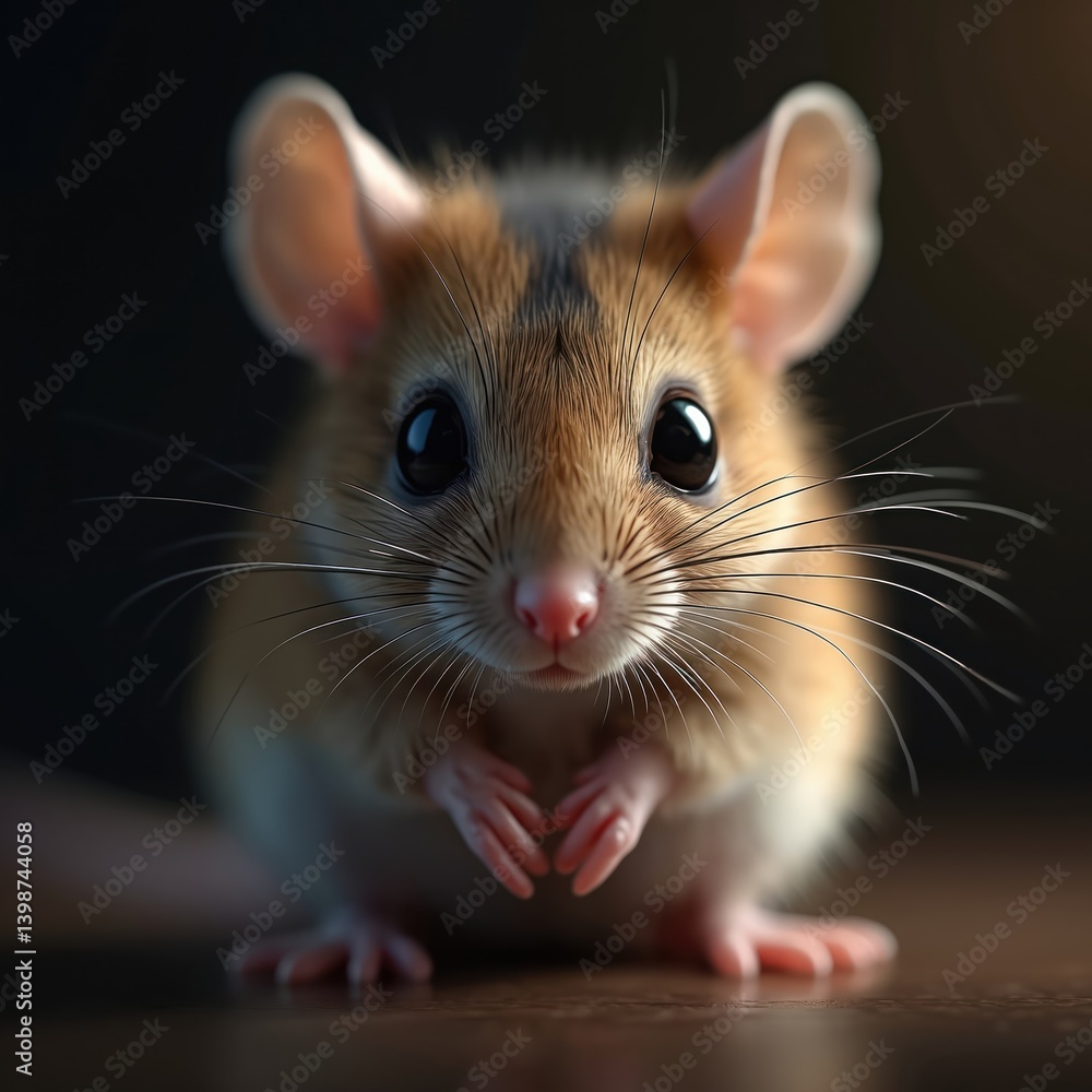 Charming illustration of small mouse. Adorable rodent with big eyes, whiskers, cute paws. Furry mammal looks directly at viewer, expressing friendliness, curiosity. Perfect for pet tech marketing Charming illustration of small mouse. Adorable rodent with big eyes, whiskers, cute paws. Furry mammal looks directly at viewer, expressing friendliness, curiosity. Perfect for pet tech marketing