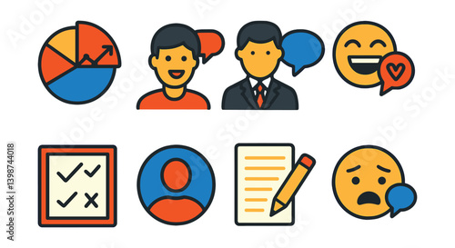 Set of icons that include a smiley face, a sad face, a pen, a paper