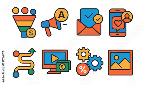 Set of icons for a business, including a funnel, a check mark, a dollar sign