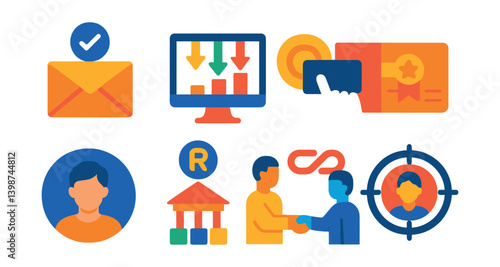 Series of icons that include a person, a building, a computer monitor, a hand