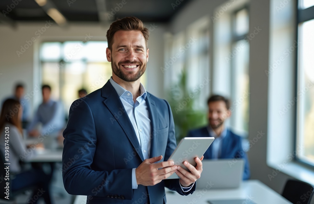 Smiling businessman wearing formal suit holds tablet, looking at camera. Blurred people in background. Modern office environment with teamwork, partnership, collaboration, communication. Success, Smiling businessman wearing formal suit holds tablet, looking at camera. Blurred people in background. Modern office environment with teamwork, partnership, collaboration, communication. Success,